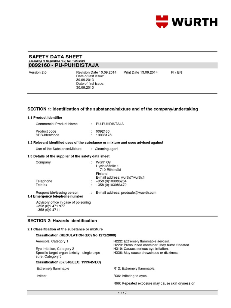 MSDS PU Clean Würth (EN) PDF Toxicity Dangerous Goods