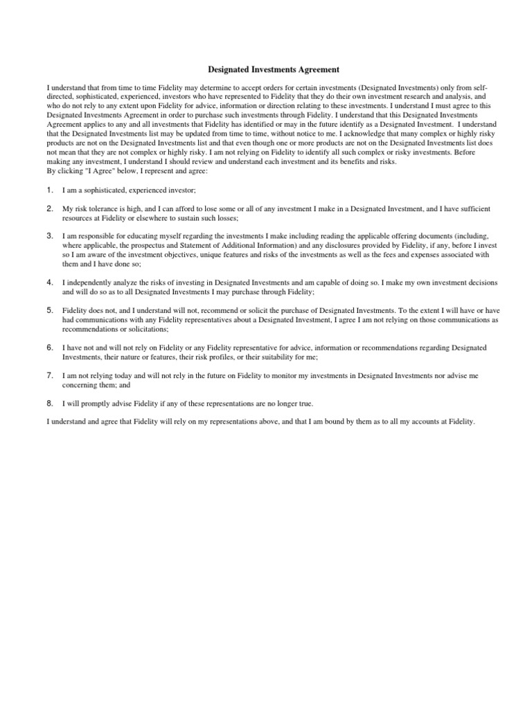 Designated Investments Agreement PDF Investing Risk