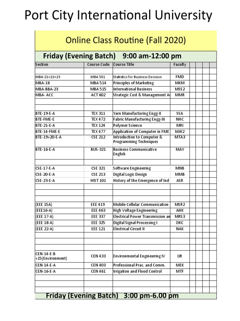Port City International University: Online Class Routine (Fall 2020 ...