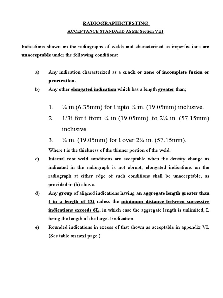 Acceptance Criteria for Radiographic Testing of Welds According to ASME