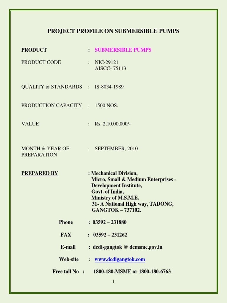 Project Profile On Submersible Pumps: Product Code: NIC-29121 AISCC ...