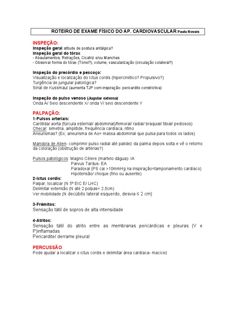 Roteiro Exame Fisico Do Ap CV PDF | PDF