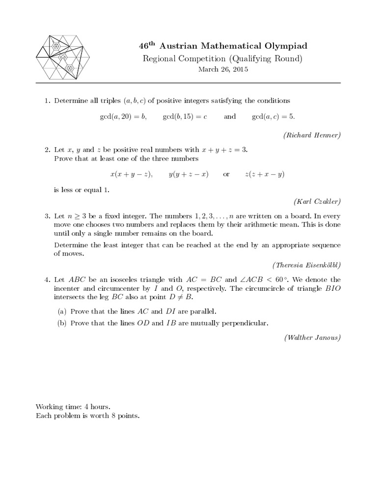 46th Austrian Math Olympiad Problems | PDF