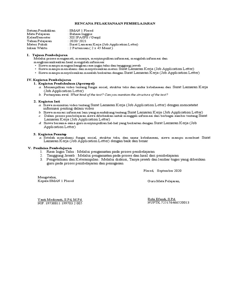 Rpp 1 Lembar Job Application Letter Kelas 12