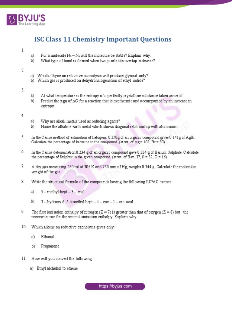 ISC Class 11 Chemistry Important Questions PDF Alkene Gases