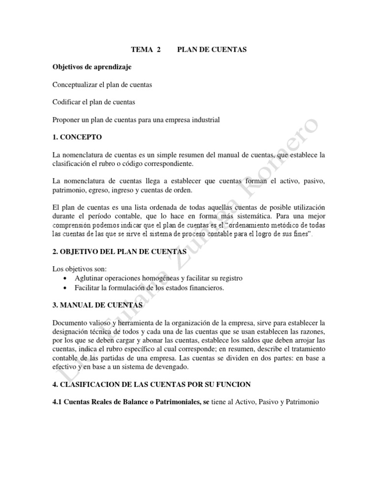 Tema 2 Plan de Cuentas | PDF | Costo | Contabilidad