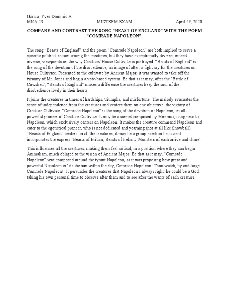 Compare and Contrast The Song "Beast of England" With The Poem