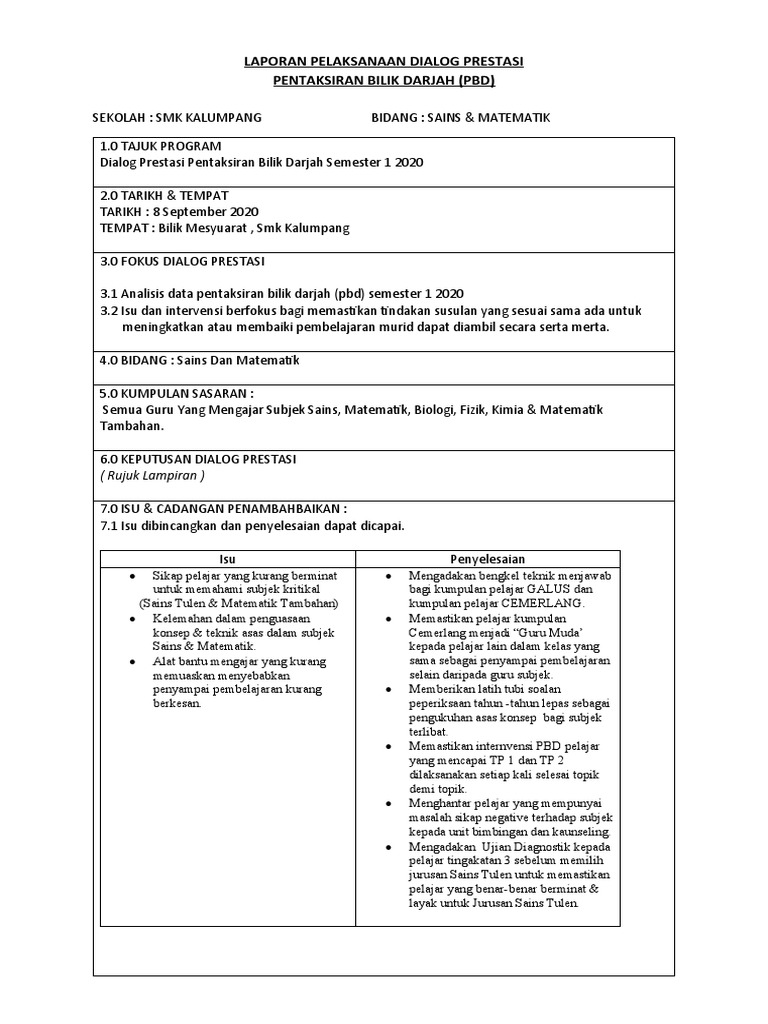 Laporan Pelaksanaan Dialog Prestasi Pentaksiran Bilik Darjah Pbd