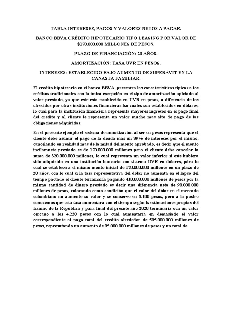 Crédito Hipotecario BBVA en UVR Pesos | PDF | Hipoteca Comercial ...