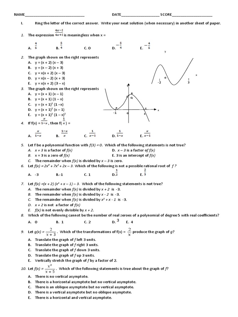 Exam Precalculus CH 4 Test PDF Asymptote Factorization