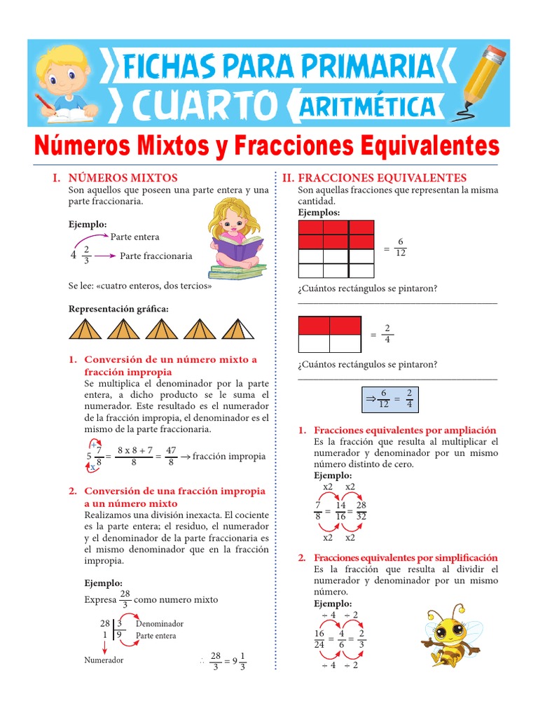 Números Mixtos y Fracciones Equivalentes para Cuarto de Primaria | PDF |  Fracción (Matemáticas) | División (Matemáticas), image size:768x1024