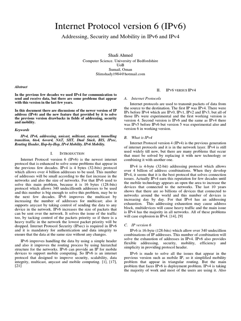 Advancements in Internet Protocol IPv6 | PDF | I Pv6 | Ip Address