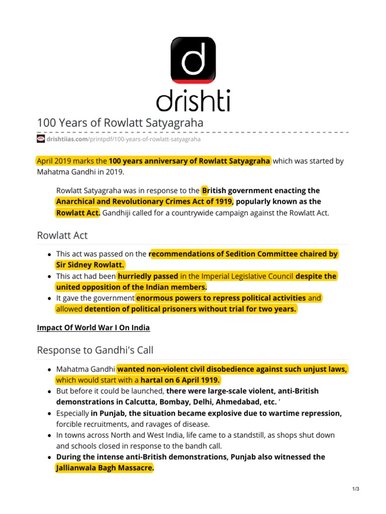 Rowlatt Satyagraha: A 1919 Protest Overview | PDF | Politics Of India ...