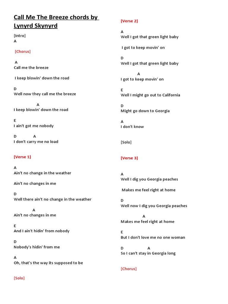 Call Me The Breeze Chords by Lynyrd Skynyrd | PDF