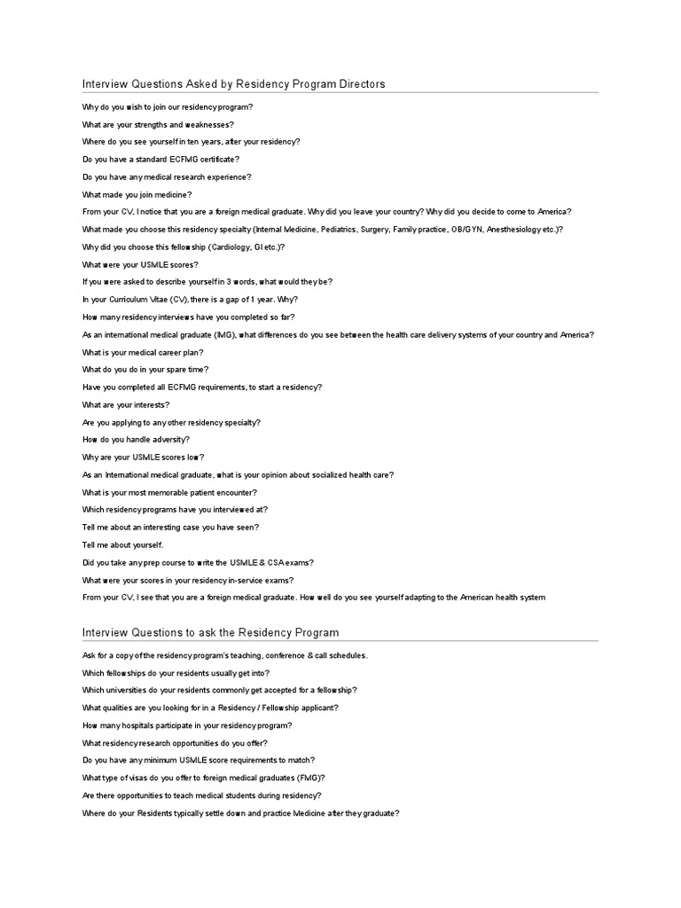 Residency Interview Questions PDF Residency (Medicine) United