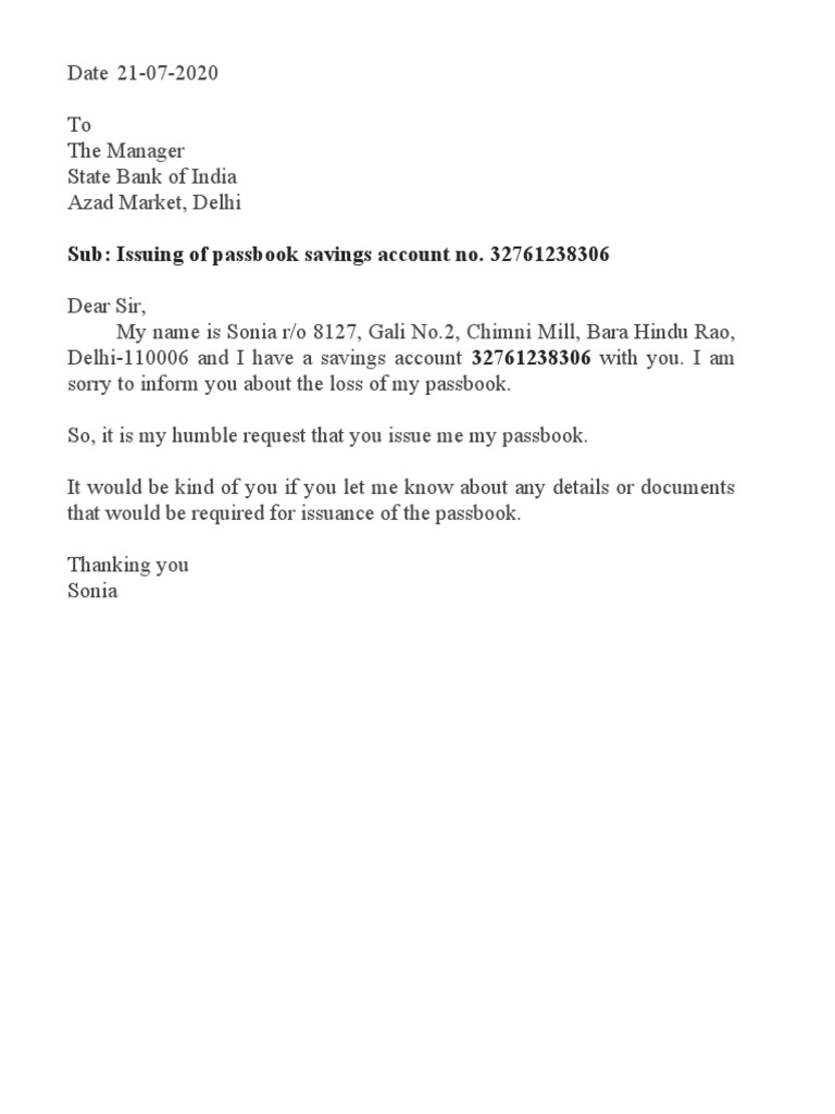 Request for SBI Passbook Reissue | PDF | Finance & Money Management