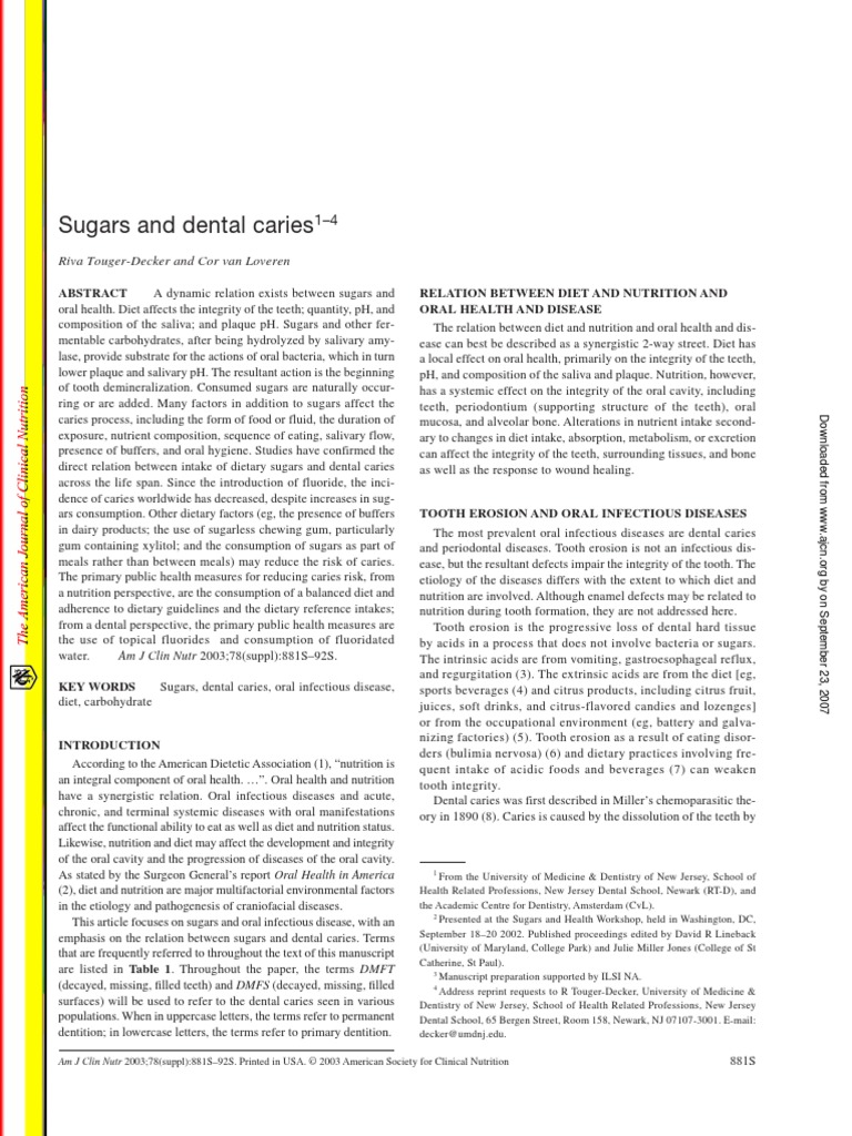 04 Sugar and Dental Caries Am J Nutr PDF Sucrose Human Tooth
