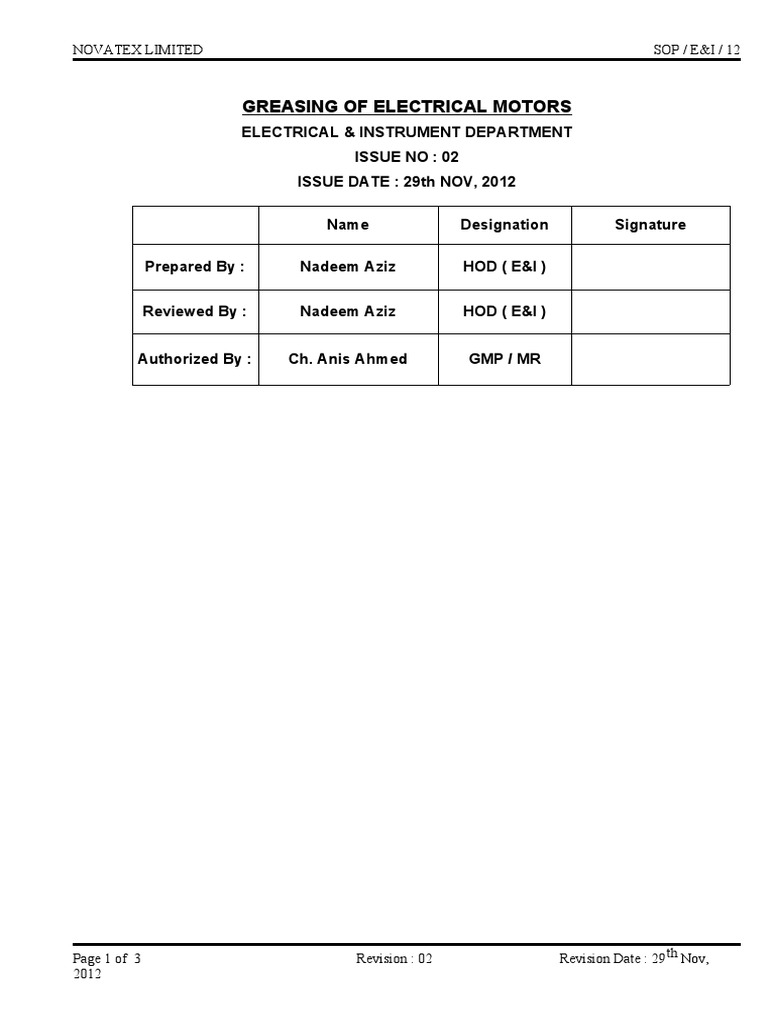 Sop12 Greasing of Electrical Motors PDF Manufactured Goods