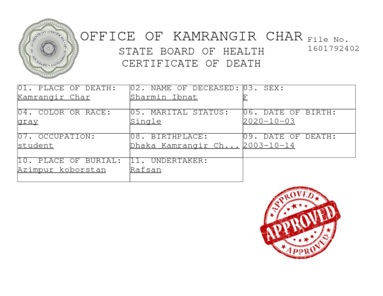 Death Certificate for Sharmin Ibnat | PDF | Sports & Recreation | Law