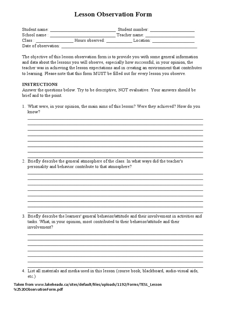 Lesson Observation Form Template | PDF | Lesson | Teachers