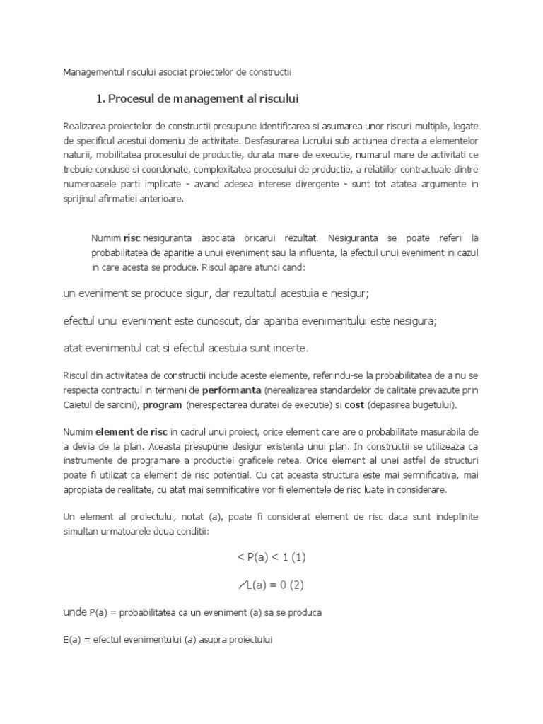 Managementul Riscului Asociat Proiectelor de Constructii | PDF