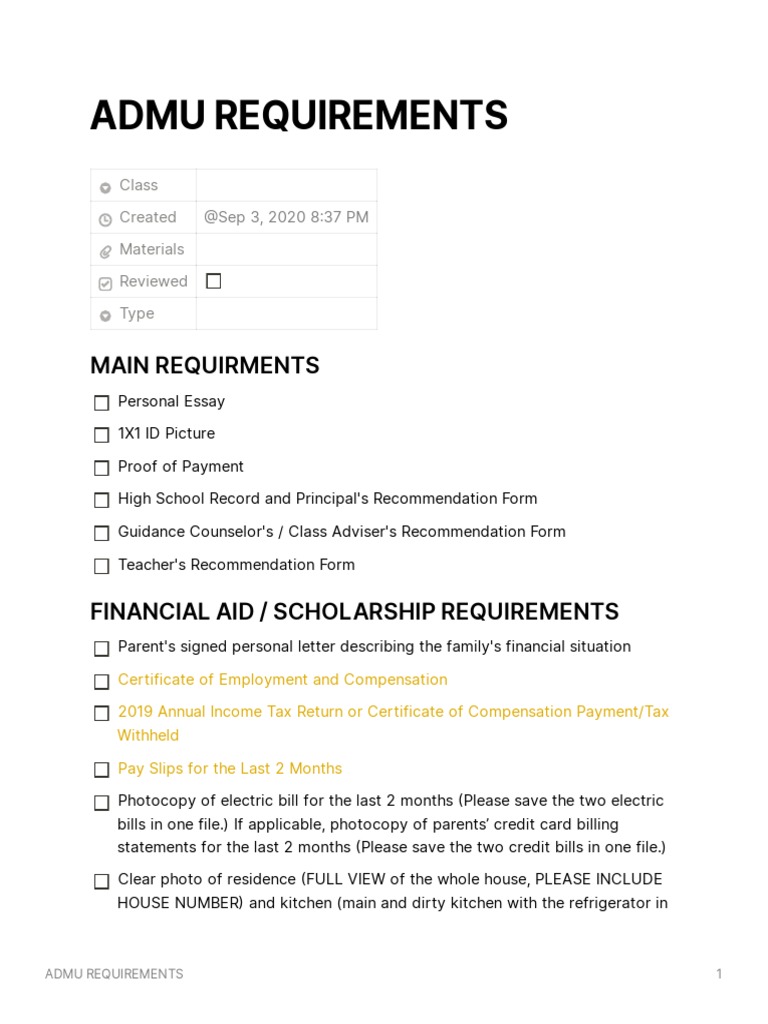 ADMU Admission and Financial Aid Requirements | PDF