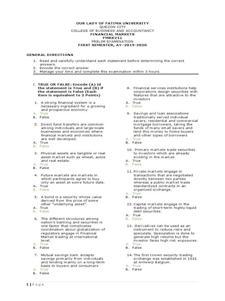 Financial Markets Prelim Exam 2019-2020 | PDF | Financial Markets ...