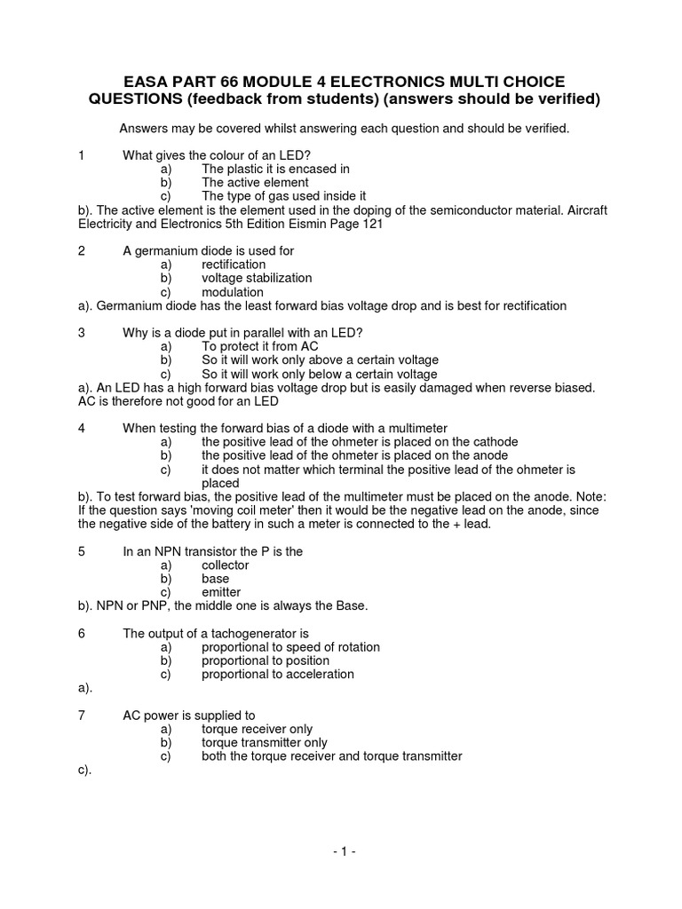 EASA PART 66 MODULE 4 ELECTRONICS MULTI CHOICE QUESTIONS (feedback from