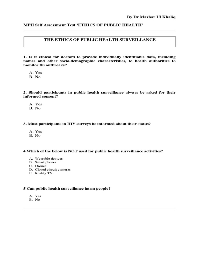 THE ETHICS OF PUBLIC HEALTH SURVEILLANCE MCQs PDF Surveillance