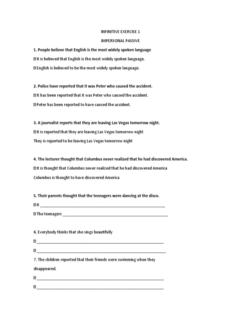 Impersonal Passive Voice Exercises | PDF | Language Arts & Discipline ...