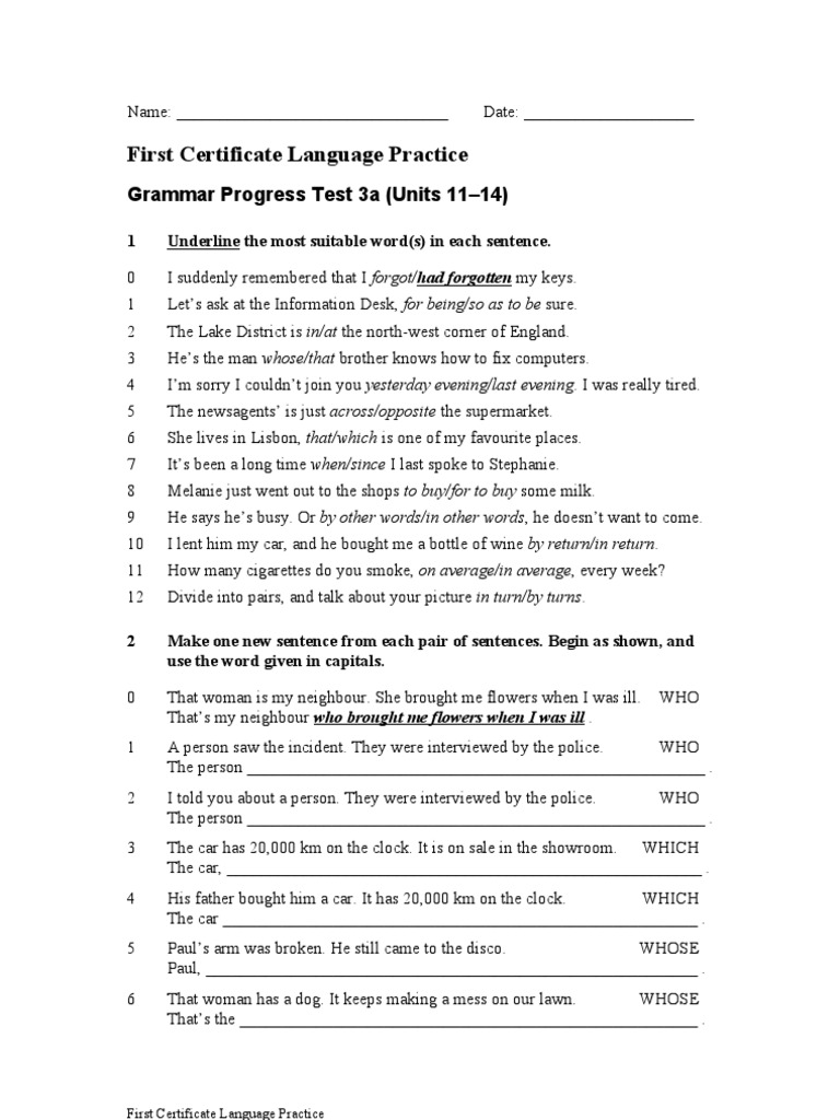 Grammar Progress Test 3a: Practice Exercises | PDF | Foreign Language ...