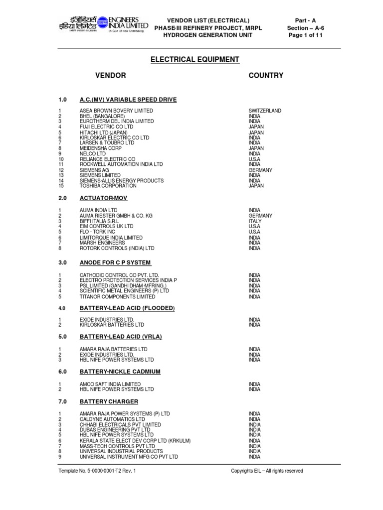 Electrical Vendor List PDF Siemens Electrical Engineering