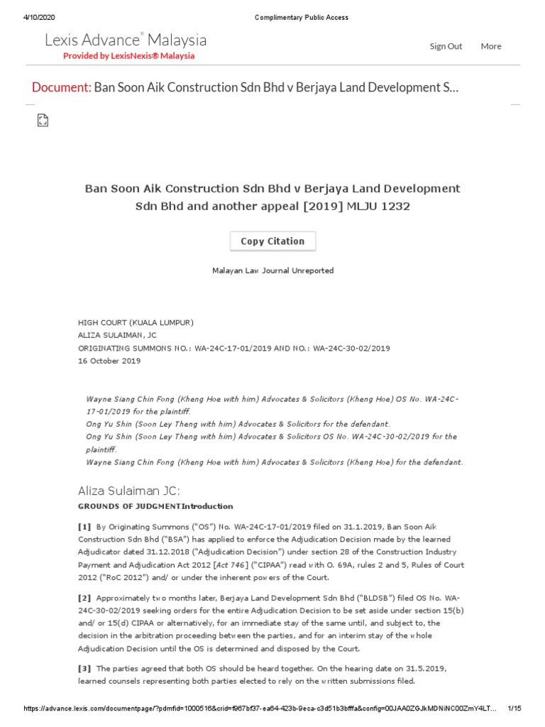 Ban Soon Aik Construction SDN BHD V Berjaya Land Development SDN BHD