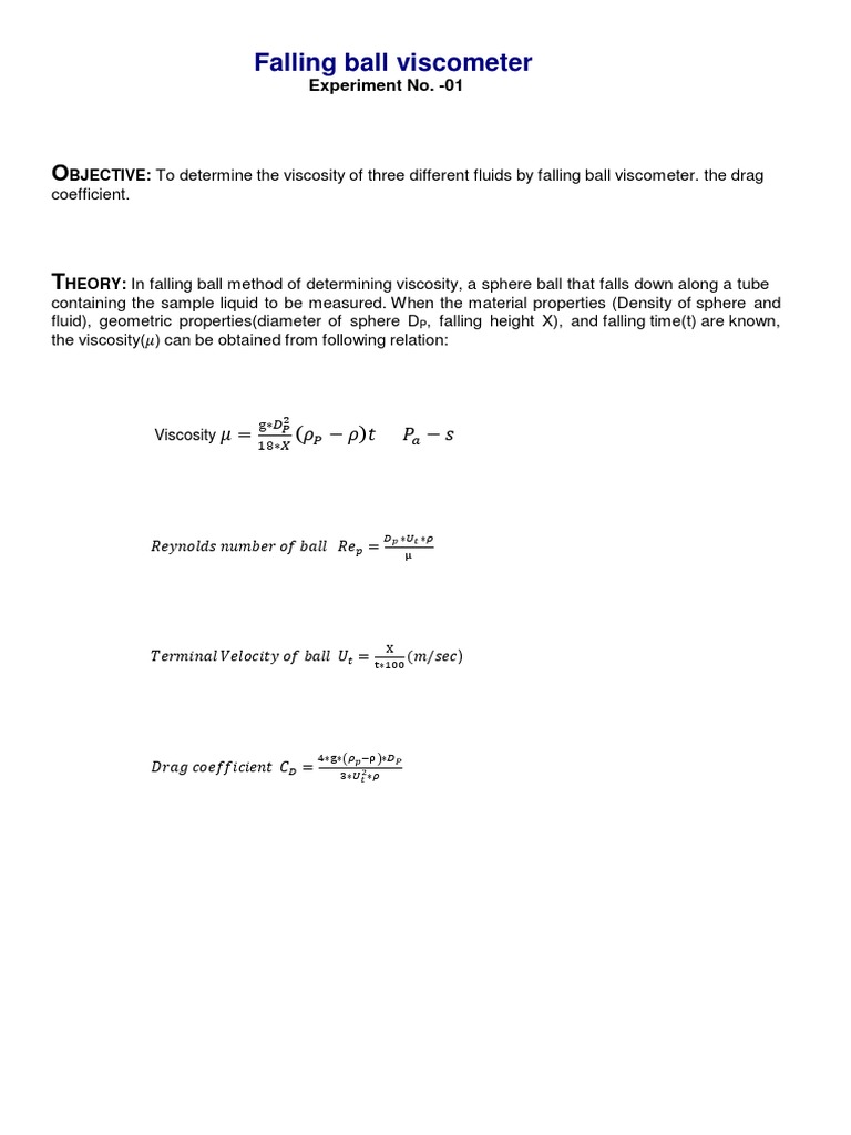 Falling Ball Experiment No. 01 PDF Viscosity Fluid