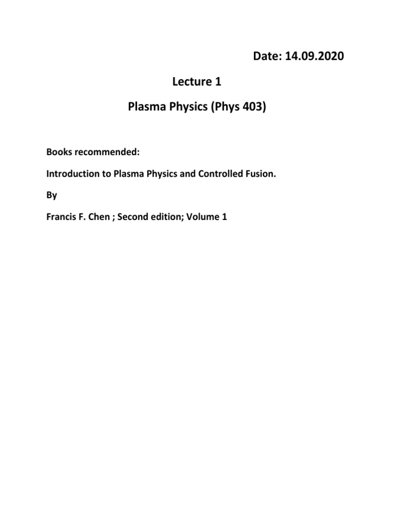 Introduction to Plasma Physics Lecture | PDF | Plasma (Physics ...