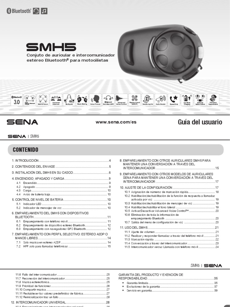 Manual Del SENA SMH5 PDF PDF Bluetooth Auriculares