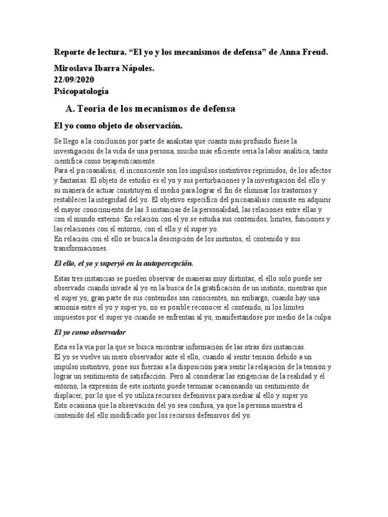 Mecanismos de Defensa del Yo en Freud | PDF | Neurosis | Carné de identidad