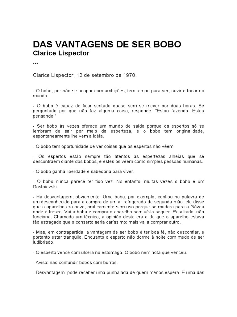 Livro Das Vantagens de Ser Bobo - Clarice Lispector PDF | PDF | Amor
