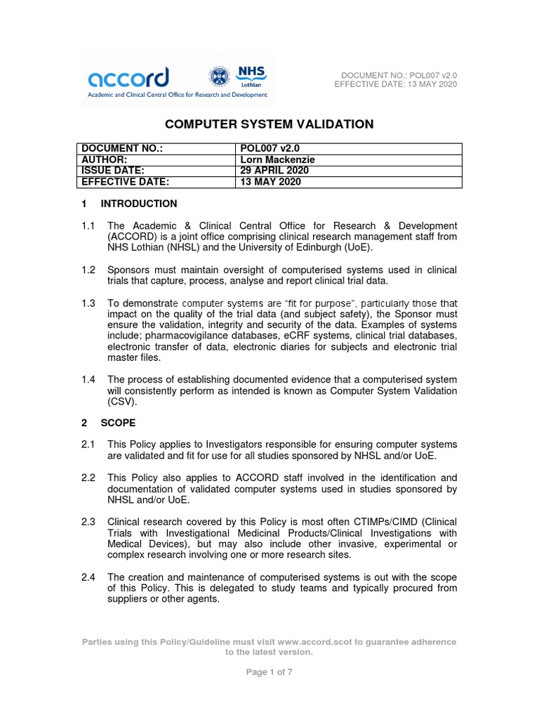 POL007 Computer System Validation v2.0 PDF | PDF | Clinical Trial ...