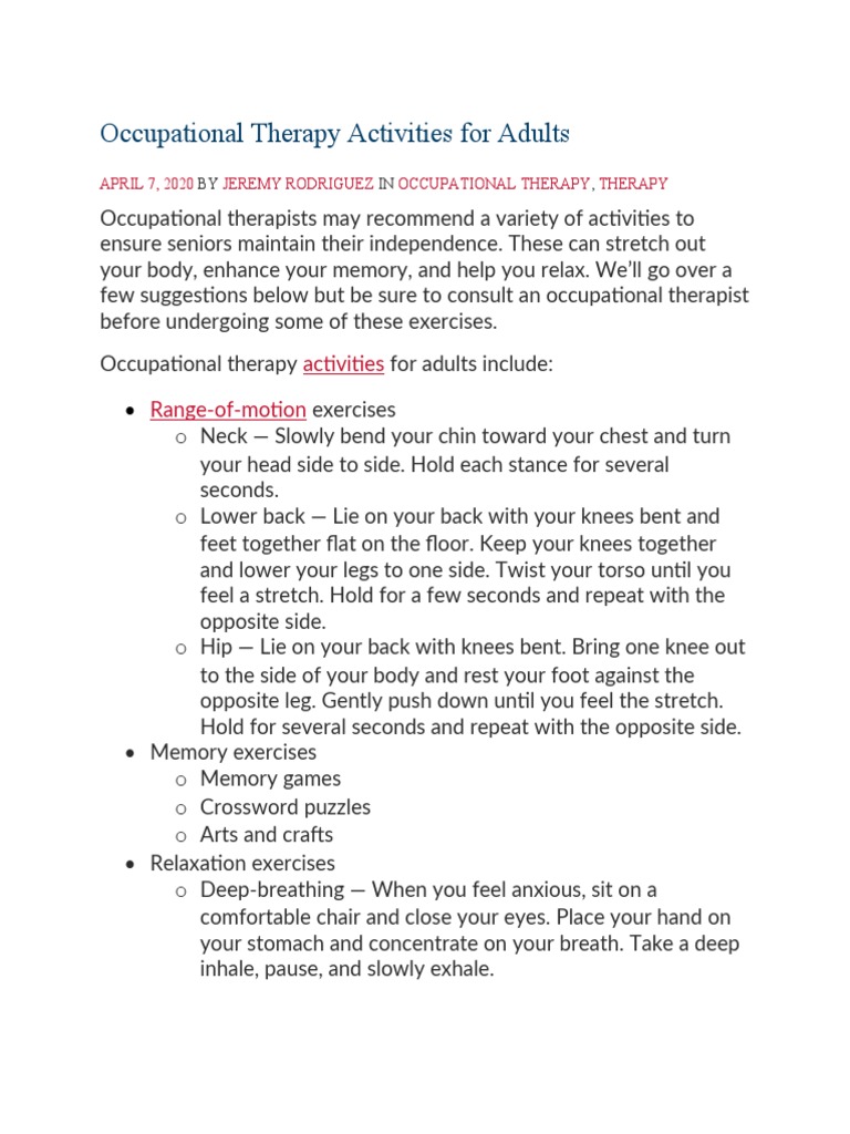 Occupational Therapy Activities For Adults PDF Occupational Therapy