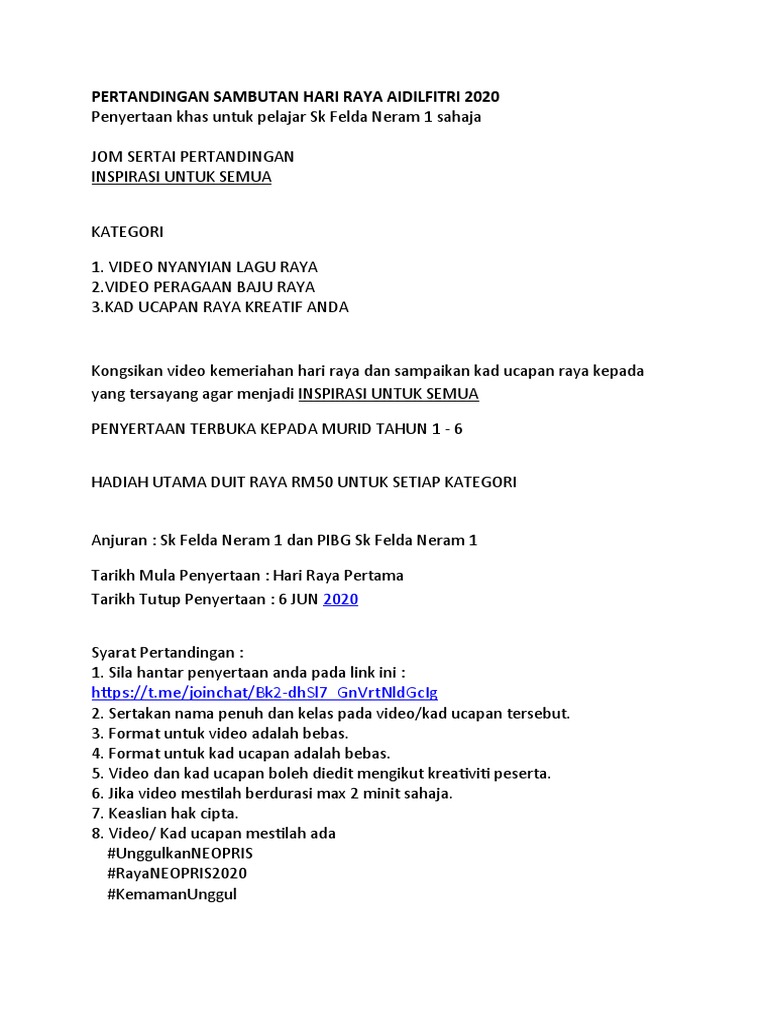 Poster Pertandingan Sambutan Hari Raya Aidilfitri Neopris 2020 Pdf