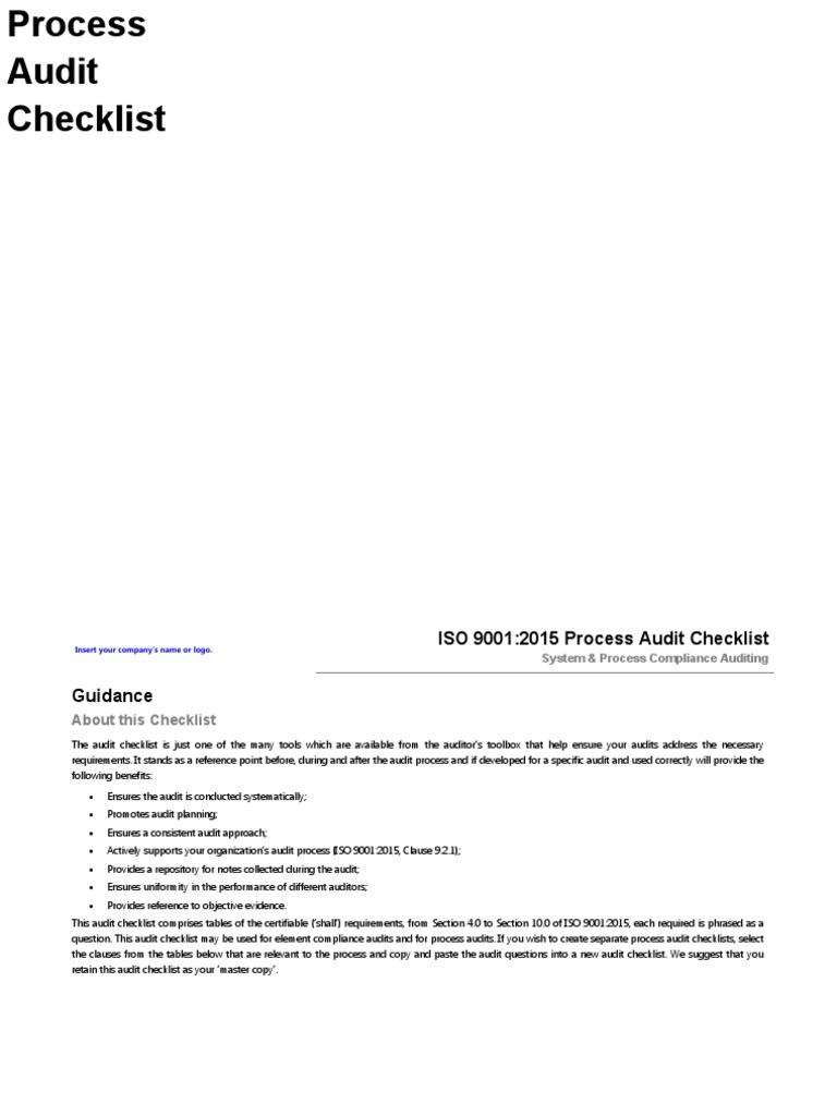 ISO 9001:2015 Process Audit Checklist | PDF | Iso 9000 | Audit