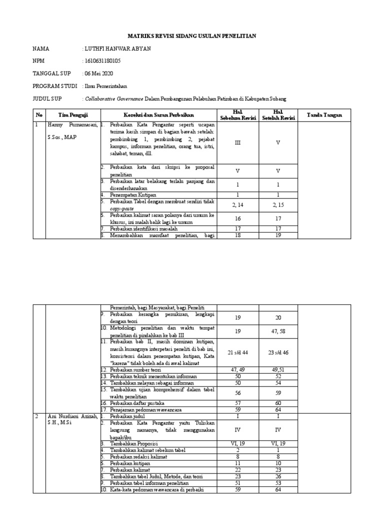 Matriks Revisi Proposal Penelitian | PDF