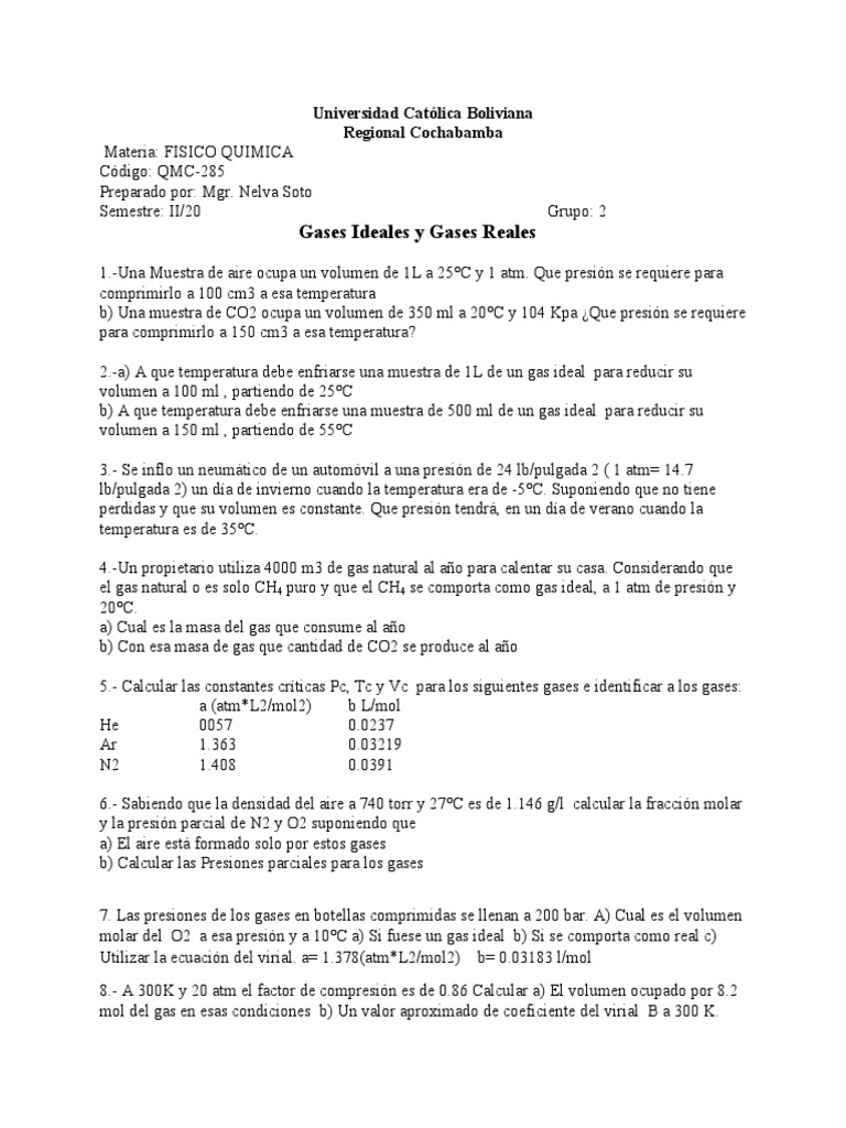 Problemas de Gases Ideales y Reales | PDF | Gases | Estadísticas aplicadas