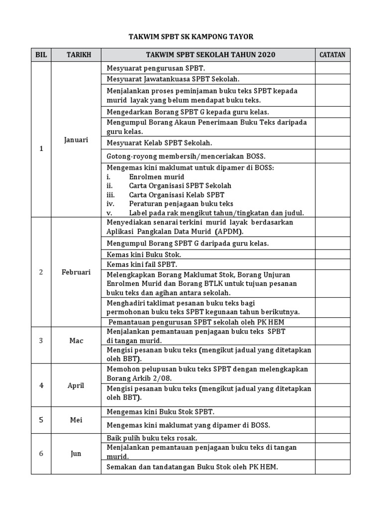 Takwim SPBT Sekolah 2020 | PDF