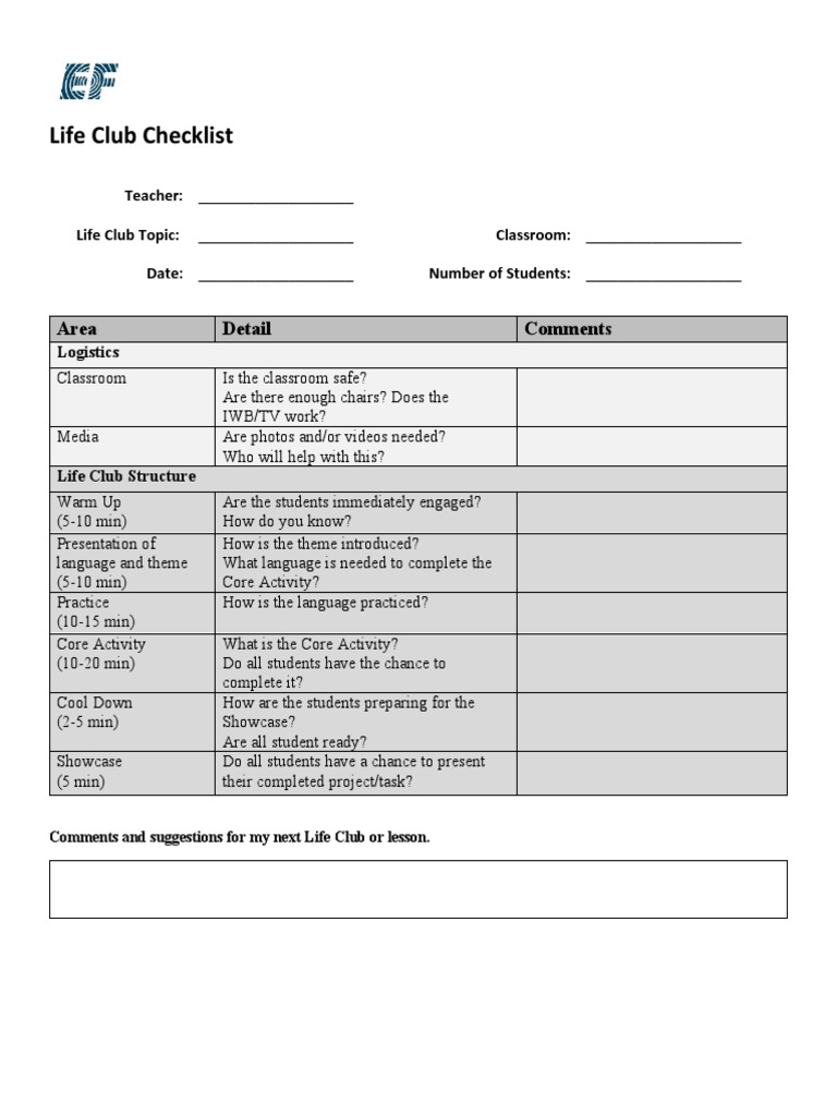 Life Club Checklist: Area Detail Comments | PDF