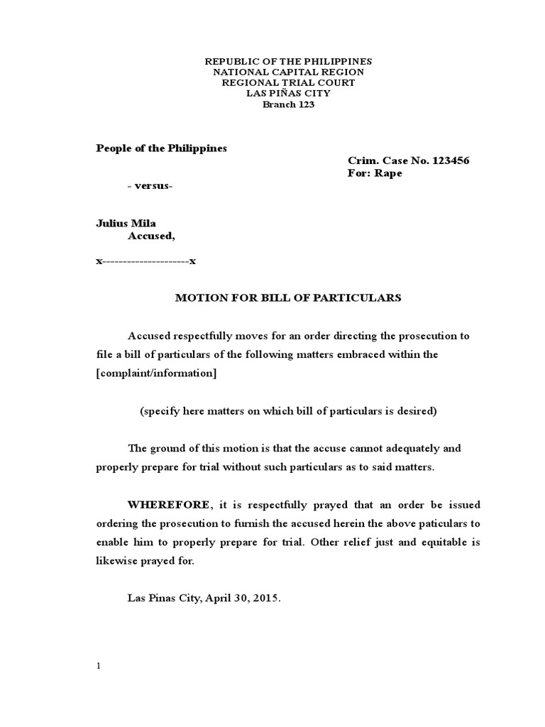 Motion for Bill of Particulars in Rape Case | PDF