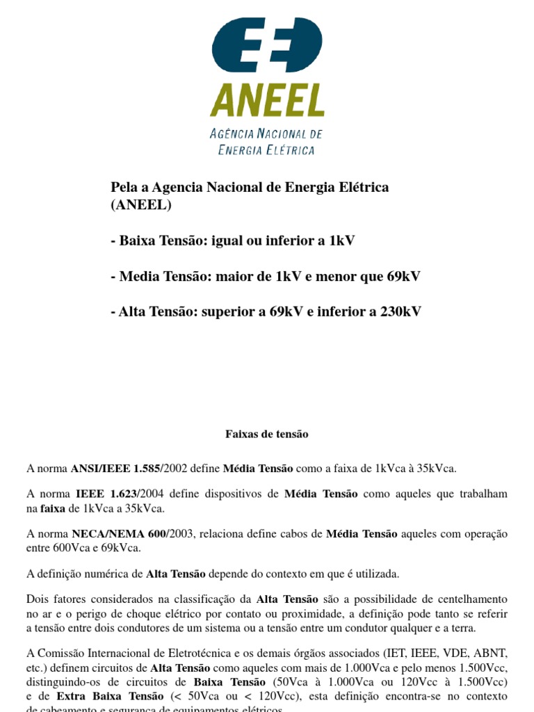 Classificação dos níveis de tensão elétrica segundo a ANEEL e normas ...