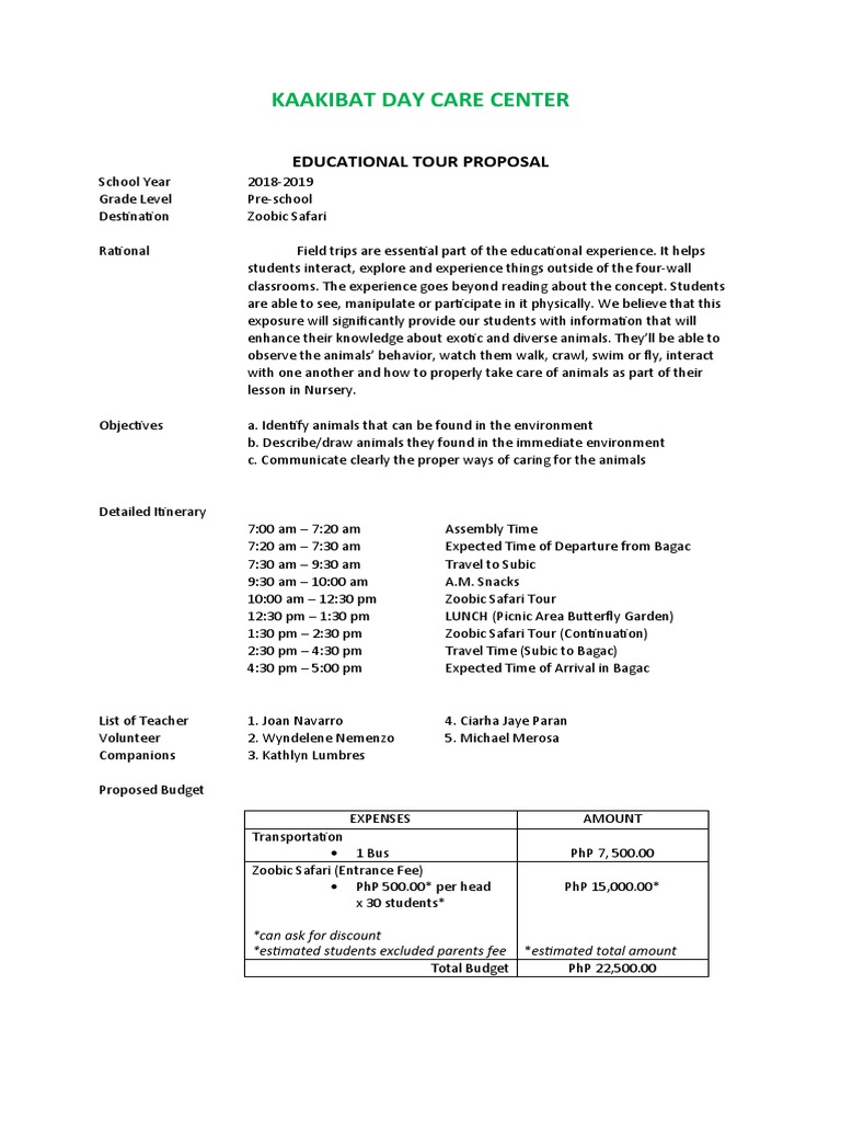 Kaakibat Day Care Center: Educational Tour Proposal | PDF | Preschool ...