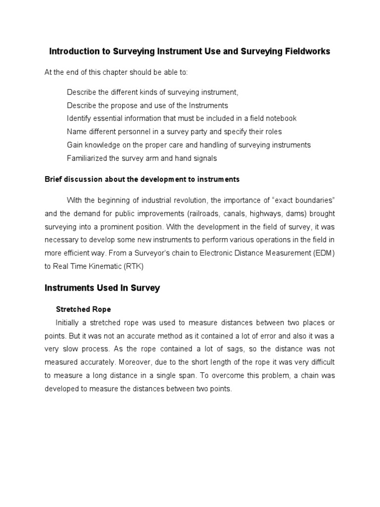 Introduction To Surveying Instrument Use and Surveying Fieldworks | PDF